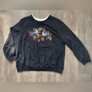 Alfred Dunner Womens 1X Missy Blue Birds Top Embroidered Studded Fall Winter